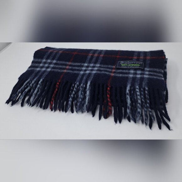 Burberry Vintage Scarf Navy Check 100% Lambswool England 90s Y2K 60" x 11" - Picture 2 of 13